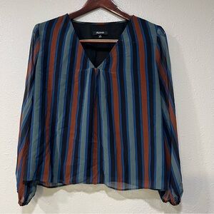 Madewell Sheer Sleeve Lined Top Shirt Academy Stripe Women’s Size M Blue Rust
